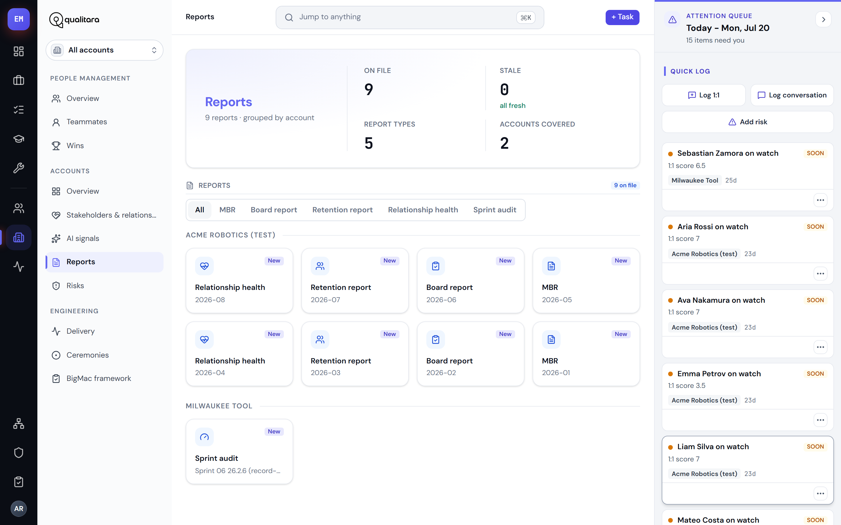 The reports archive grouped by account with a type filter